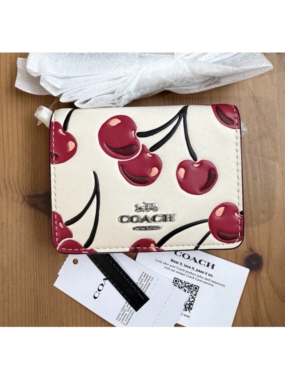 Coach Cherry-Print Compact Wallet in Ivory and Red
